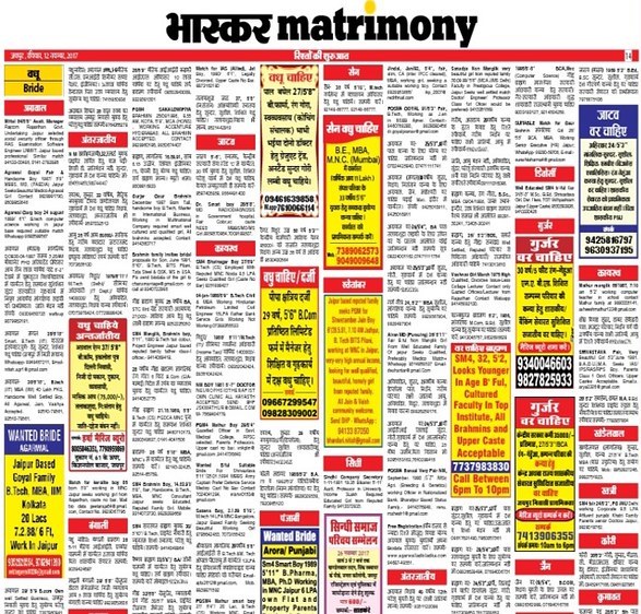 Dainik Bhaskar Matrimonial Classified