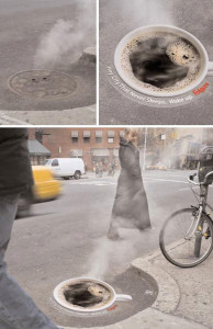 Folger's Coffee poster placed over manhole cover in New York