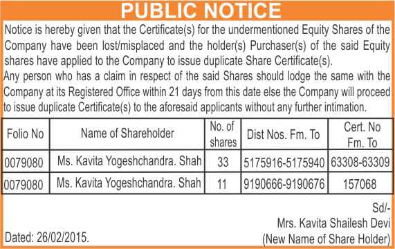 Lost Share Certificate Ad in Newspaper